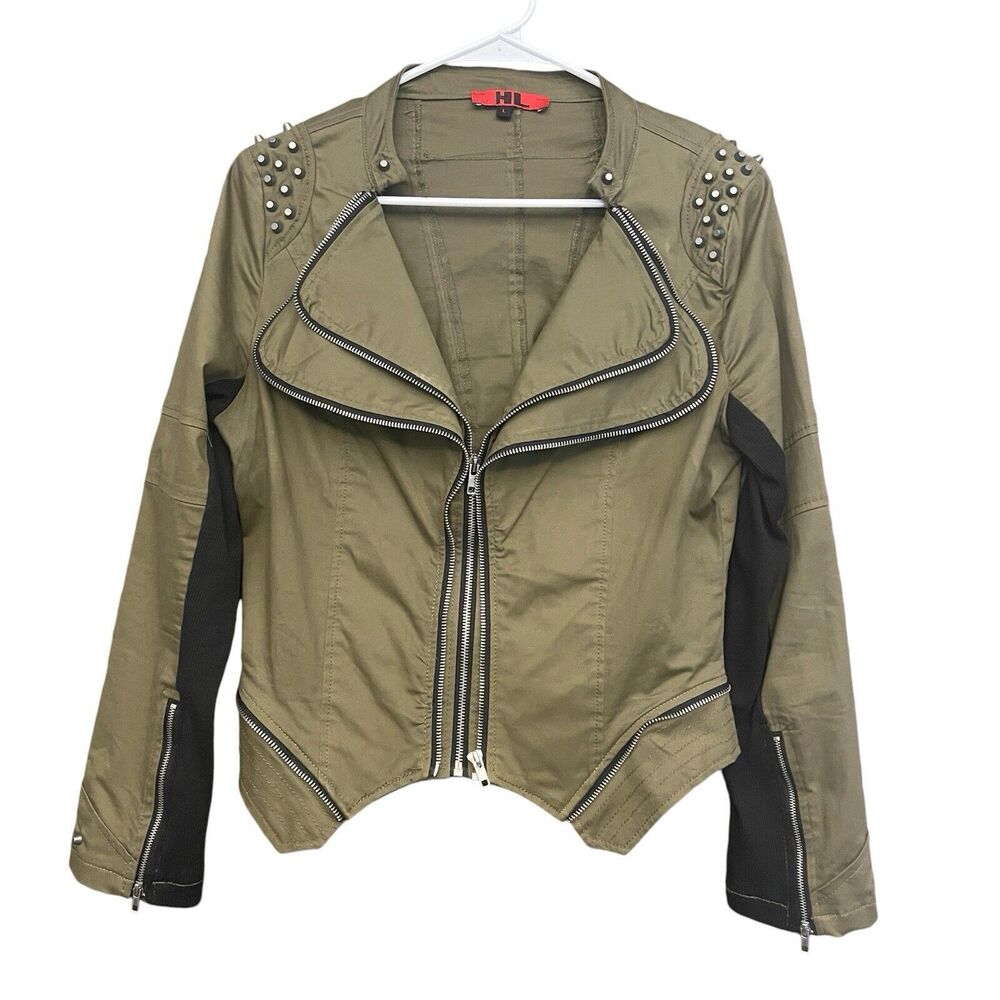 HL Women's Large Olive Studded Zip Up Jacket Moto Cropped Punk Biker Rocker
